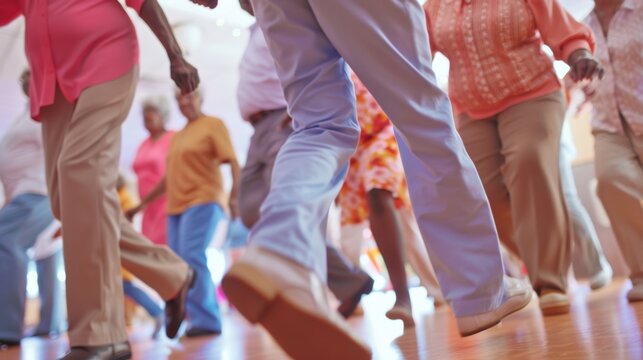 A group of seniors rhythmically tap their feet and sway to the music in a lively dance routine - Powered by Adobe