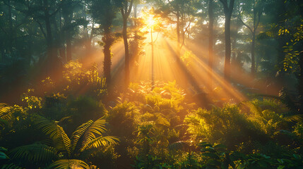 An ultra HD view of a nature thicket at sunrise, the light casting long shadows and creating a golden glow among the dense vegetation