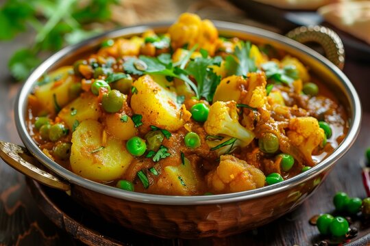 Popular Indian dish with potatoes cauliflower and peas selective focus