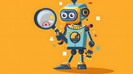 A whimsical illustration of a friendly robot analyzing customer reviews with a magnifying glass highlighting the use of AI in understanding customer sentiment and optimizing marketing campaigns