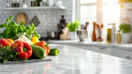 Fresh vegetables, herbs, utensils on kitchen counter with clear space for text, in natural light
