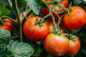 Ripe and unripe tomatoes on a vine in the garden
