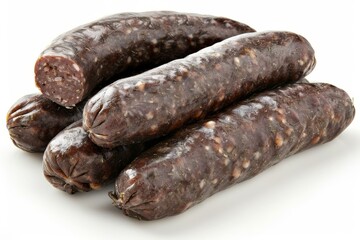 Dark sausages with spices on white background, artisanal preserved meat, high protein snack, gourmet culinary treat, traditional flavorful delight