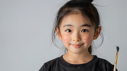 手にブラシを持って笑う日本人の女の子