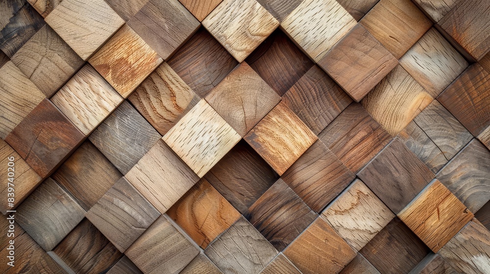 Poster abstract background of randomly shifted wooden rhomboid cubes forming herringbone pattern surface te