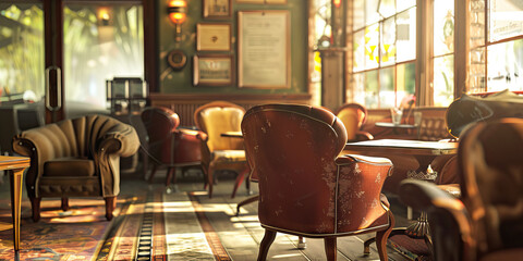 Naklejka premium Vintage Coffee House: A coffee house with a vintage vibe, featuring retro furniture, antique decor, and a cozy, old-world charm