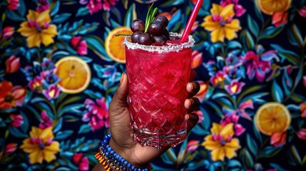   A close-up photo of a person clutching a glass of drink topped with two cherries on the rim