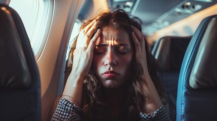 anxious passenger using relaxation techniques to overcome fear of flying flight anxiety concept