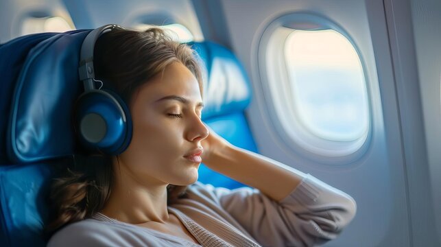anxious passenger using relaxation techniques to overcome fear of flying flight anxiety concept