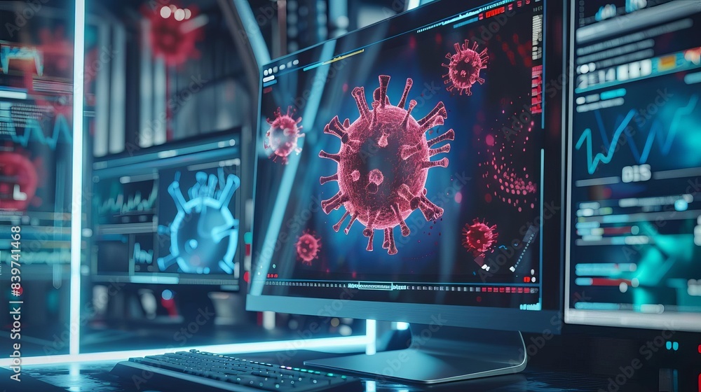 Poster computer screen displaying urgent virus alert drawing attention to cybersecurity threats digital ill