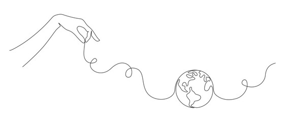 One continuous line drawing of hand holding Earth globe. World environment day poster in simple linear style. Protect and save planet concept in editable stroke. Doodle outline vector illustration