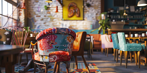 Fototapeta premium Hipster Coffee Joint: A hipster coffee shop with eclectic furniture, mismatched chairs, and an artsy, laid-back vibe.