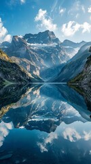 Fototapeta premium A mountain range beautifully reflected in a lake between a steep gorge.