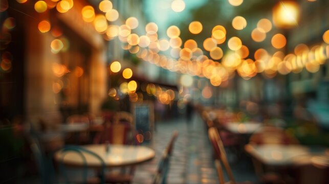 Romantic parisian bistro with sidewalk cafe setting and string lights   blurred outdoor dining scene