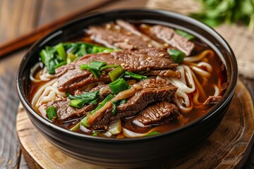 Taiwanese beef noodle soup with vegetables and red braised beef