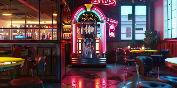 Retro Diner Vibes: A retro-style diner with vintage decor, neon signs, and a classic jukebox, perfect for a nostalgic setting