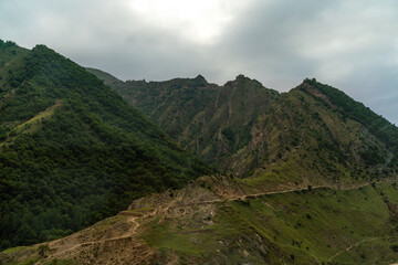 Caucasian mountain. Dagestan. Trees, rocks, mountains, view of the green mountains. Beautiful summer landscape.