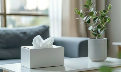 Tissue box on table in living room Room for text