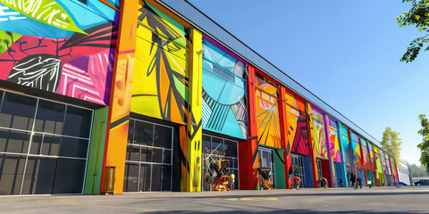 Naklejka premium Factory Building as a Canvas: A factory building transformed into a work of art, with artists painting the exterior walls in vibrant colors and designs