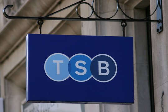 TSB Bank sign outside UK branch in Chelmsford, Essex
