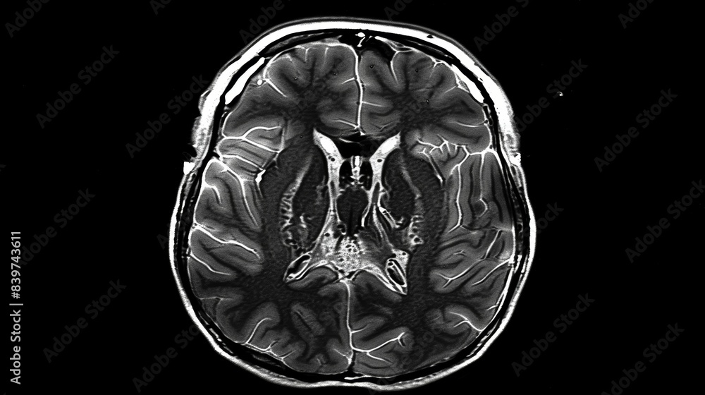 Poster detailed ct scan of a brain displaying advanced atrophy