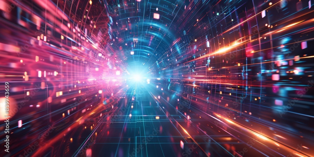Poster futuristic abstract background with glowing light effects and digital tunnel