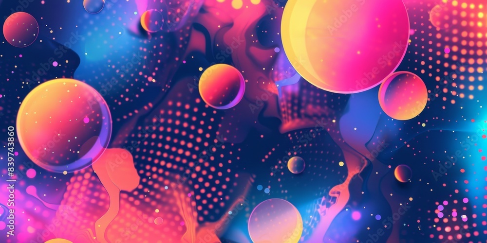 Poster abstract cosmic background with colorful spheres and polka dots