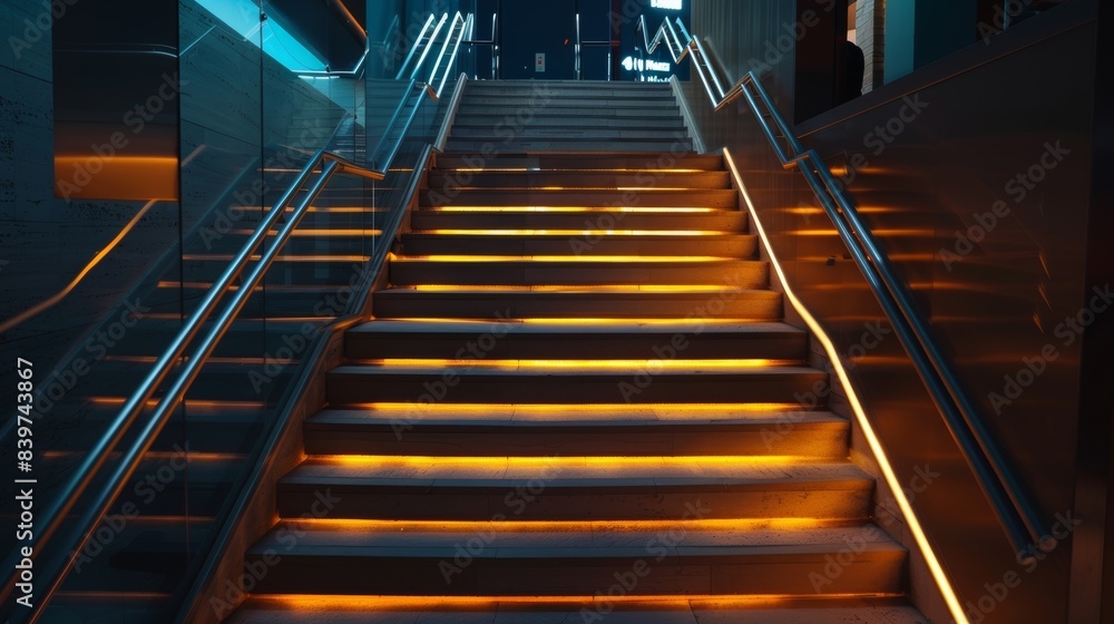 Poster a staircase with illuminated handrails for added safety in low light conditions