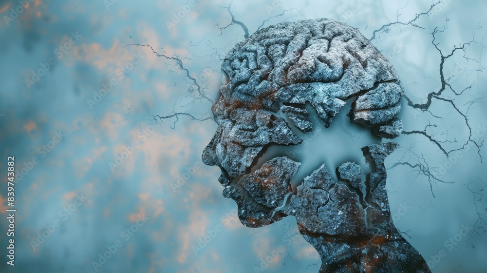 Poster graphic of a persons brain with a crack running through it symbolizing the effects of untreated depr
