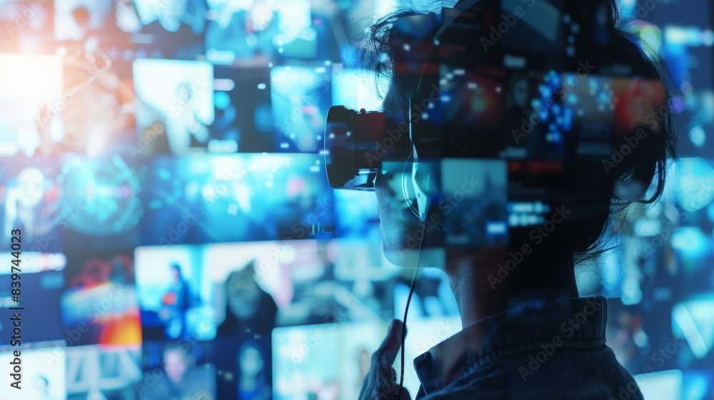 Poster a person with a headset on taking a call on the hotline while surrounded by calming images and quote