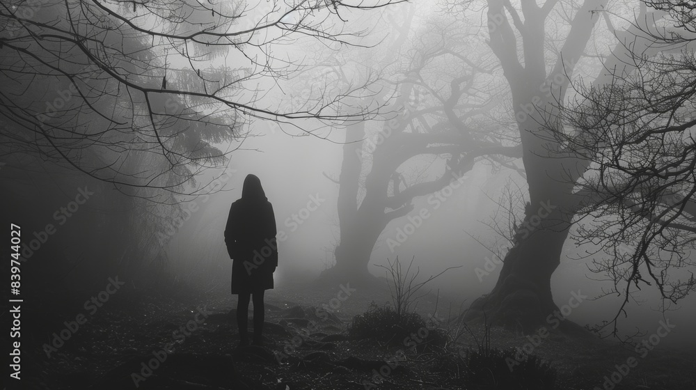 Poster a silhouette of a person standing in a foggy forest symbolizing the confusion and disorientation tha
