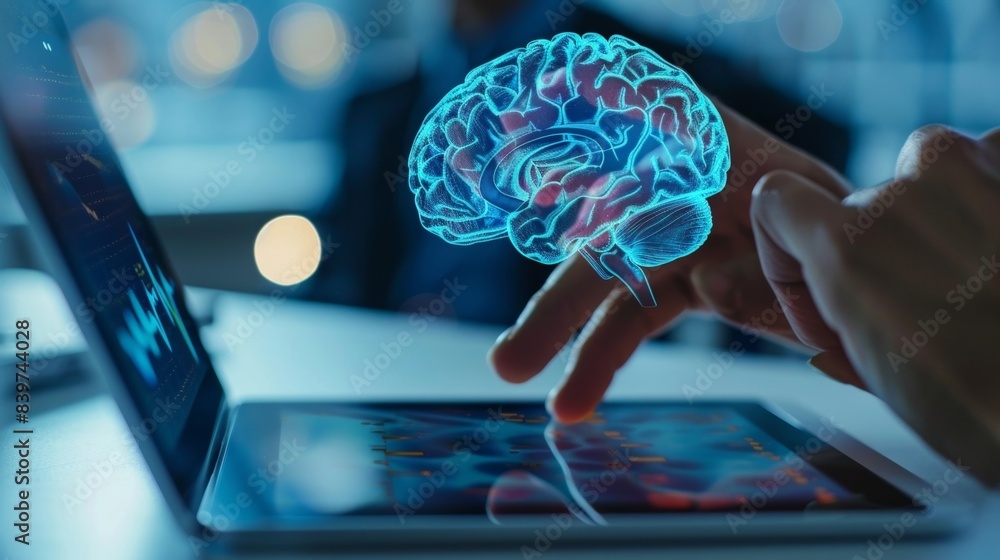 Poster a person using adaptive technology such as a tablet or computer to aid in their cognitive rehabilita