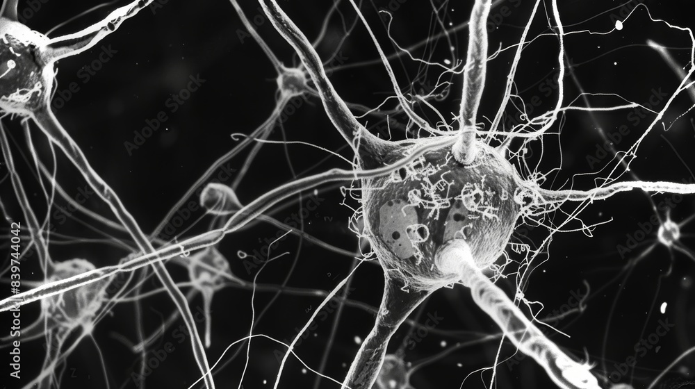 Poster an electron microscope image capturing the tiny delicate structures of brain synapses that are affec