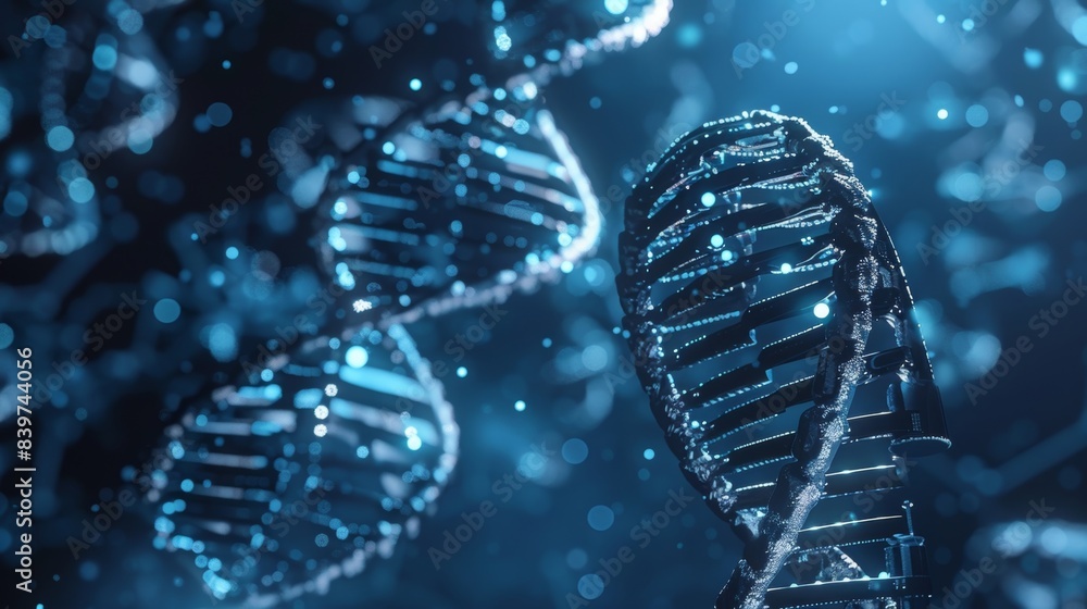 Aufkleber an image of a dna strand intertwined with a microphone representing how personal stories are a part 