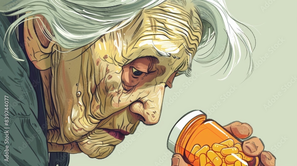 Poster handdrawn image of an elderly person looking at an empty pill bottle with a frown reflecting the imp