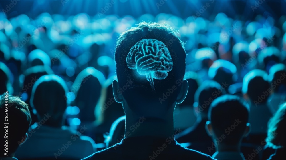 Poster an individual attending a lecture on history or culture using their brains to absorb and retain new 