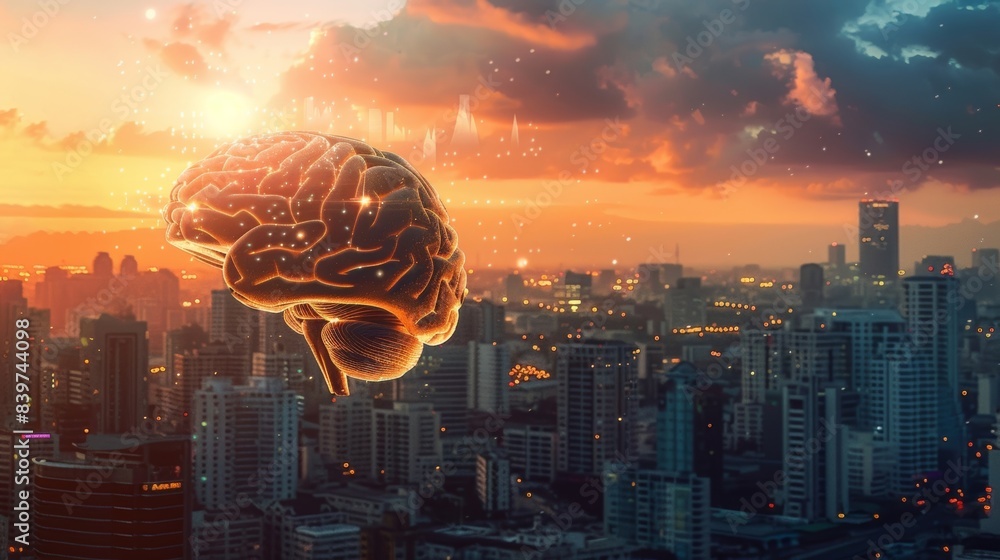 Poster an image of a brain in a calm state with a busy cityscape in the background representing the daily p