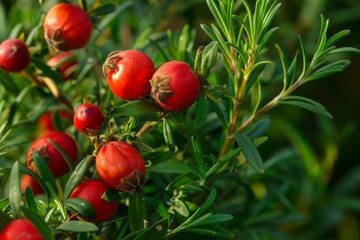 Obraz premium Vibrant red rose hips beside green rosemary leaves up close