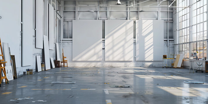 Art Studio in a Factory: An art studio located within a factory building, featuring blank walls where artists can work on their projects.