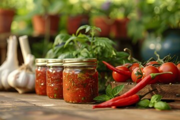 Winter preserves in glass jars on wooden table with fresh ingredients in front of greenhouse