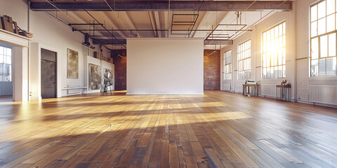 Urban Loft Studio: A spacious loft studio in a converted factory building, featuring blank walls that artists can use as a canvas for their art. 