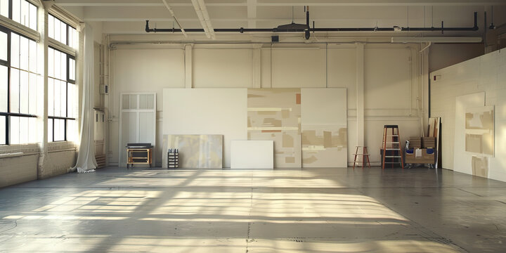 Urban Loft Studio: A spacious loft studio in a converted factory building, featuring blank walls that artists can use as a canvas for their art. 