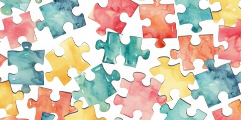 Colorful watercolor illustration of scattered jigsaw puzzle pieces. Concept of creativity, playfulness, and problem-solving.
