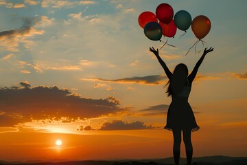 Back silhouette view of an happy young woman releasing balloons in the sky at sunset in summer background with copy space