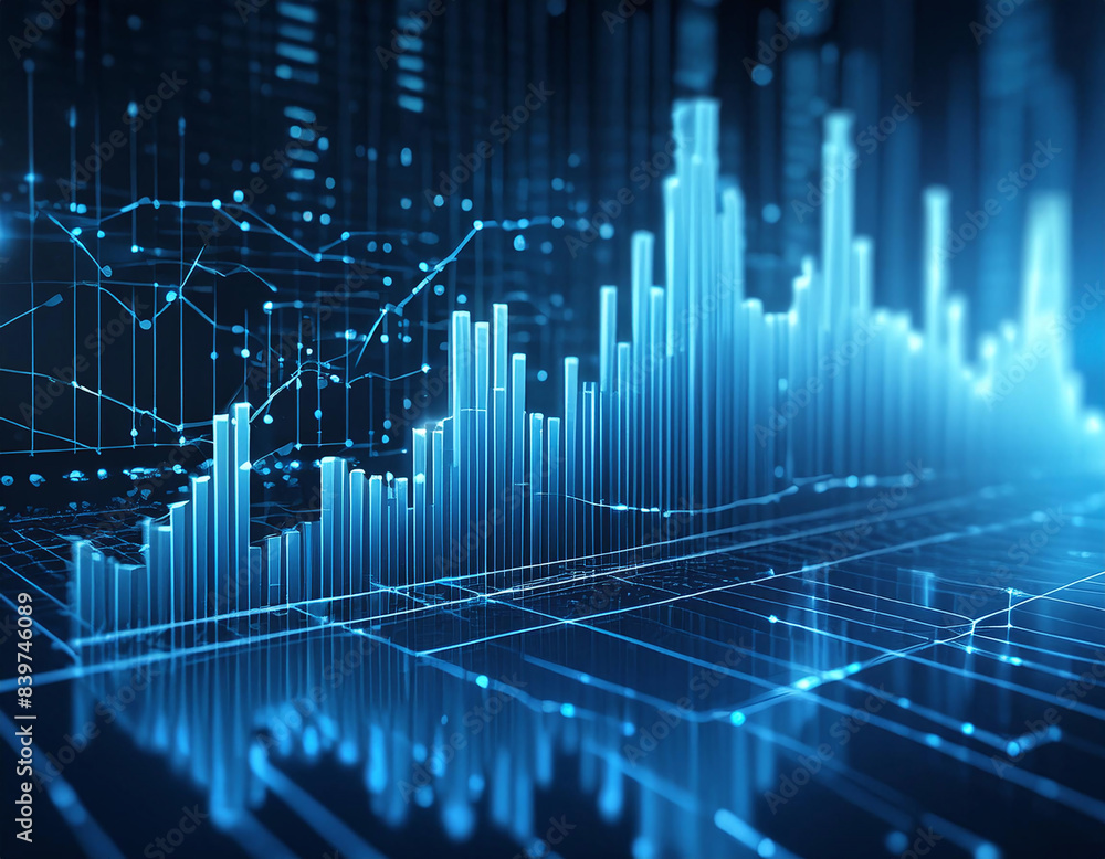 Poster 3d blue bar chart with glowing grid and line graphs