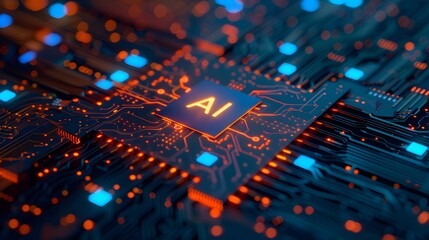Futuristic AI chip on a high-tech circuit board with illuminated pathways and components, 3D rendering