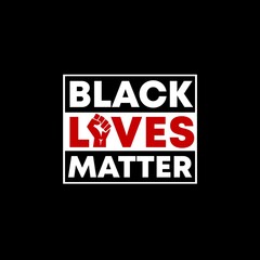 Black lives matter modern logo, banner with red and white text on flat black background. Red fist.
