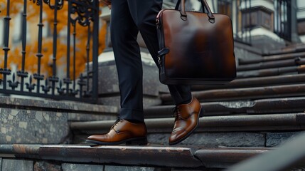 Naklejka premium Closeup of businessman in black suit carrying leather briefcase while walking up stone steps