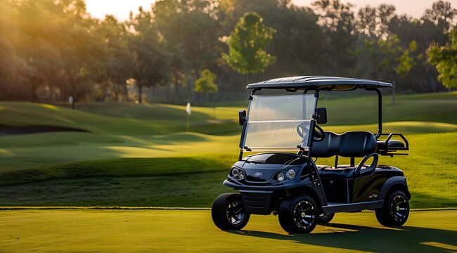 Black luxury golf cart on lush green course with soft sunlight and scenic background
