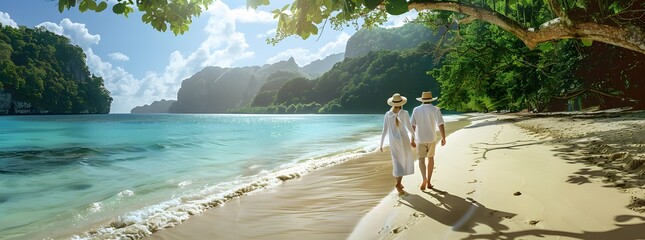A couple in white attire and sun hats walking on a pristine beach with clear blue waters and rocky cliffs, capturing a romantic tropical getaway - Powered by Adobe